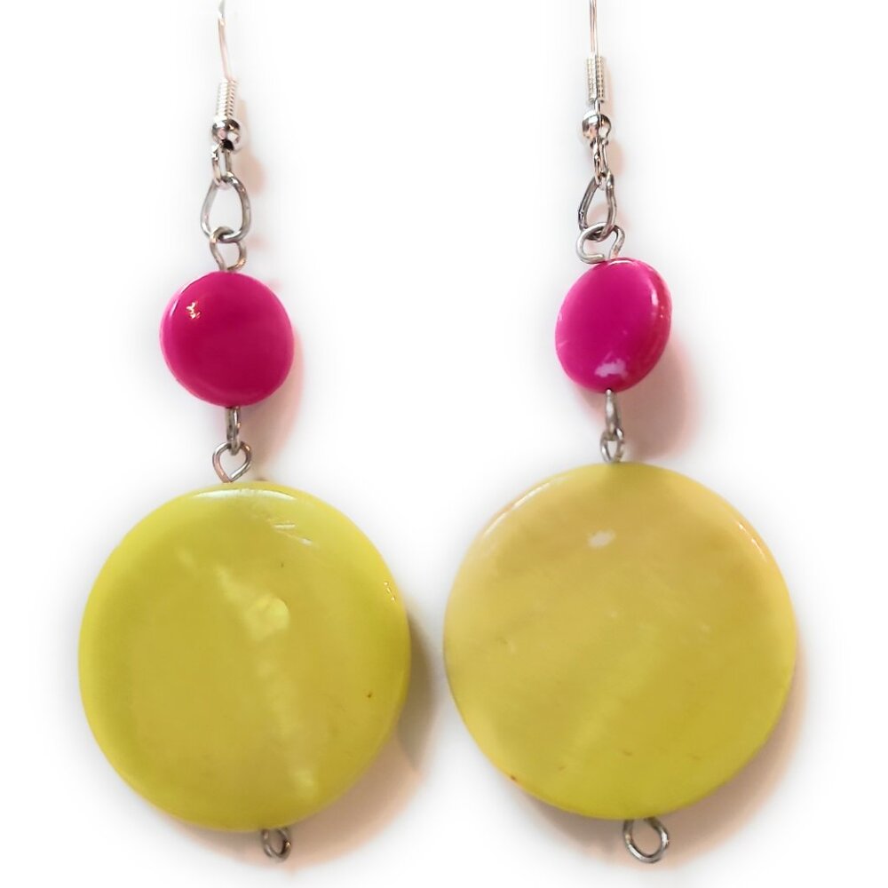 Yellow and Pink Disc Drop Earrings